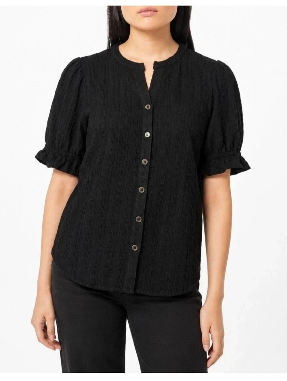 NWT Cable & Gauge Women's Button-Front Short Ruffle Sleeve Blouse Jet Black XXL